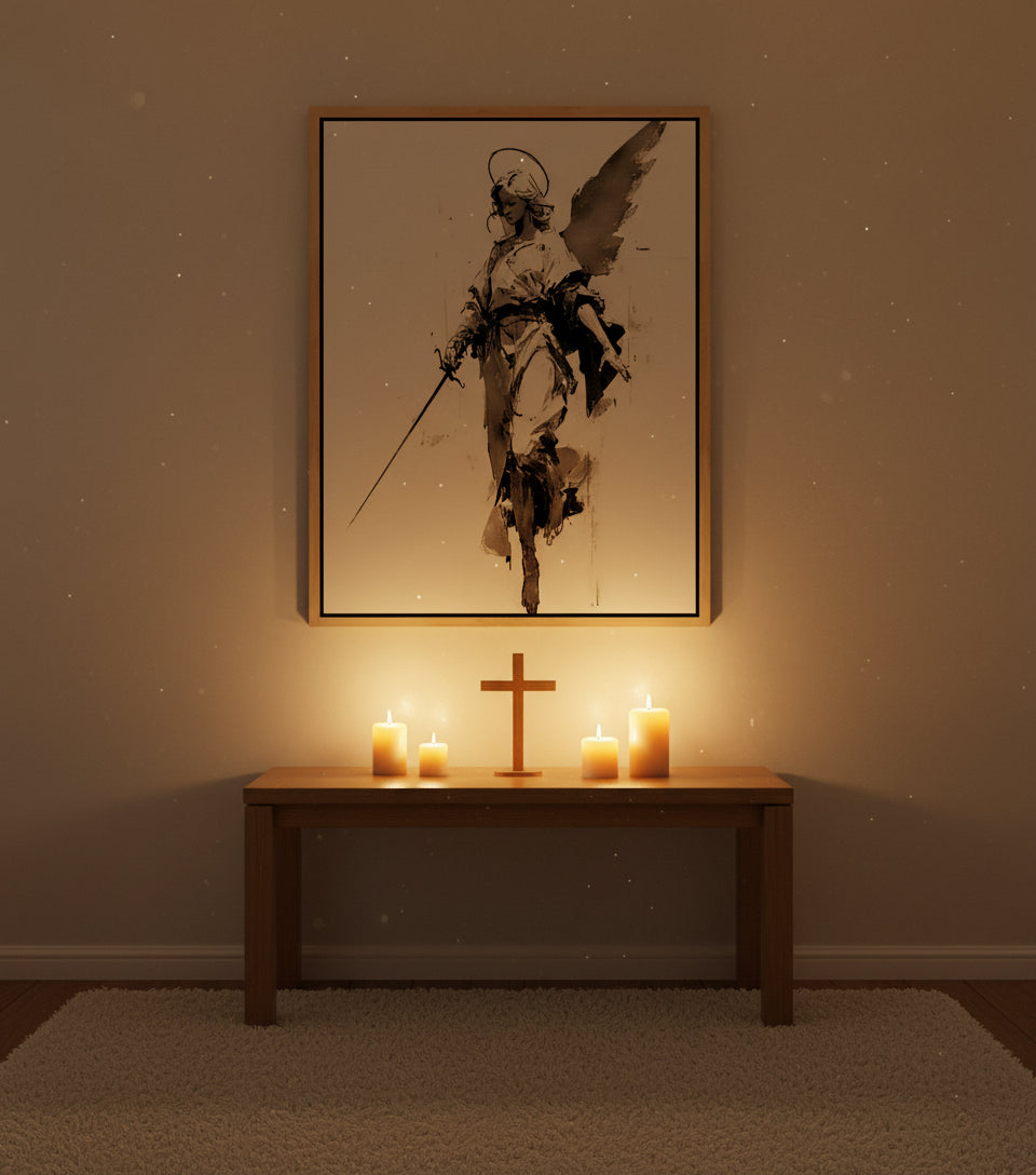 Warrior Angel with Sword – Minimalist Black & White Christian Wall Art, Guardian Angel Canvas