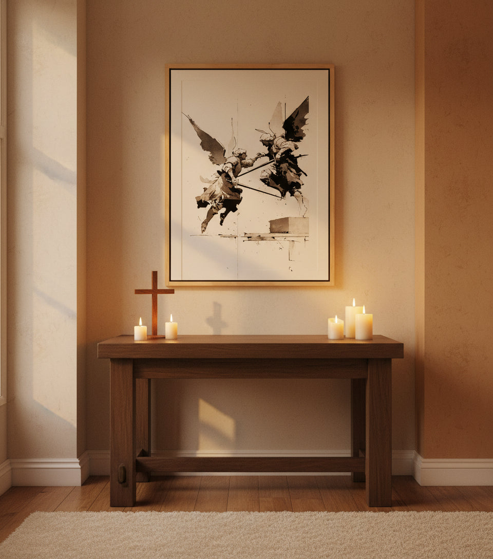 Heavenly Clash – Angelic Warfare Art | Spiritual Battle Wall Decor