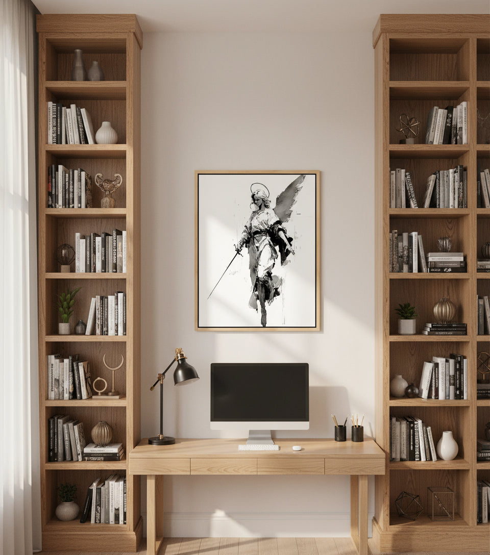 Warrior Angel with Sword – Minimalist Black & White Christian Wall Art, Guardian Angel Canvas