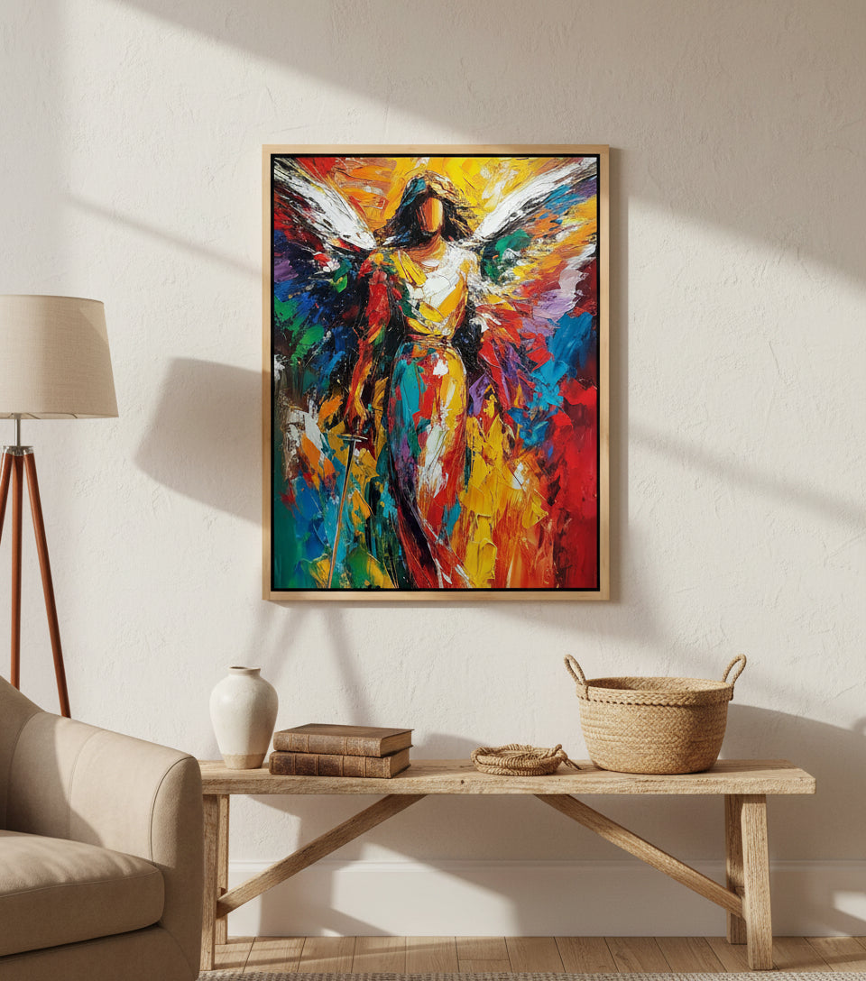 Radiant Angel Warrior Art – Guardian Angel with Sword Abstract Painting | Christian Wall Decor