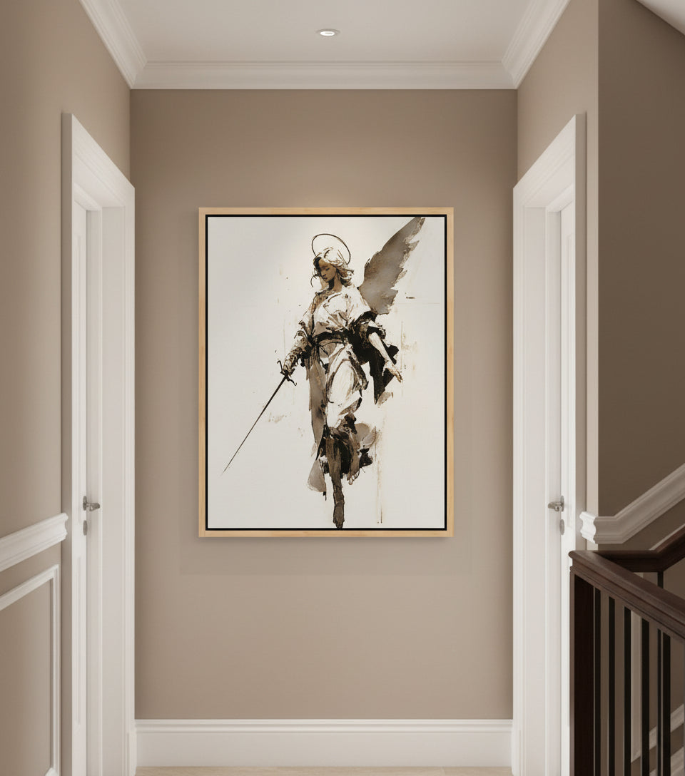 Warrior Angel with Sword – Minimalist Black & White Christian Wall Art, Guardian Angel Canvas