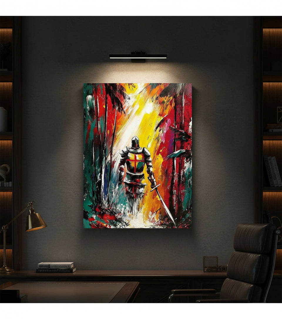 Christian Warrior in the Forest Canvas – Spiritual Battle Wall Art, Armor of God Painting, Light vs Darkness Artwork