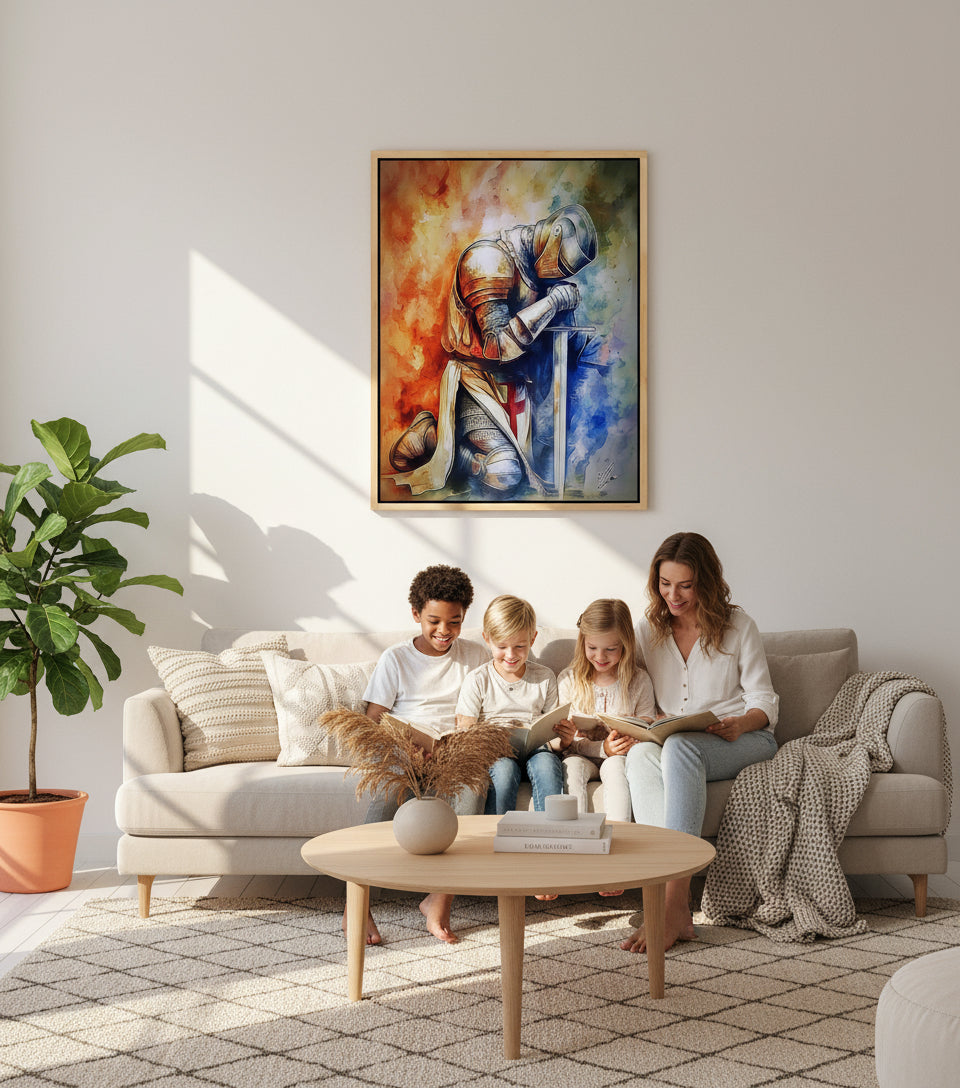 Kneeling Christian Warrior Canvas – Prayer Knight Wall Art, Armor of God Painting, Spiritual Strength Artwork
