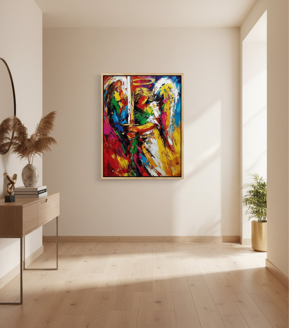 Guardian Angel with Flaming Sword – Vibrant Christian Wall Art, Angelic Protection Canvas Painting