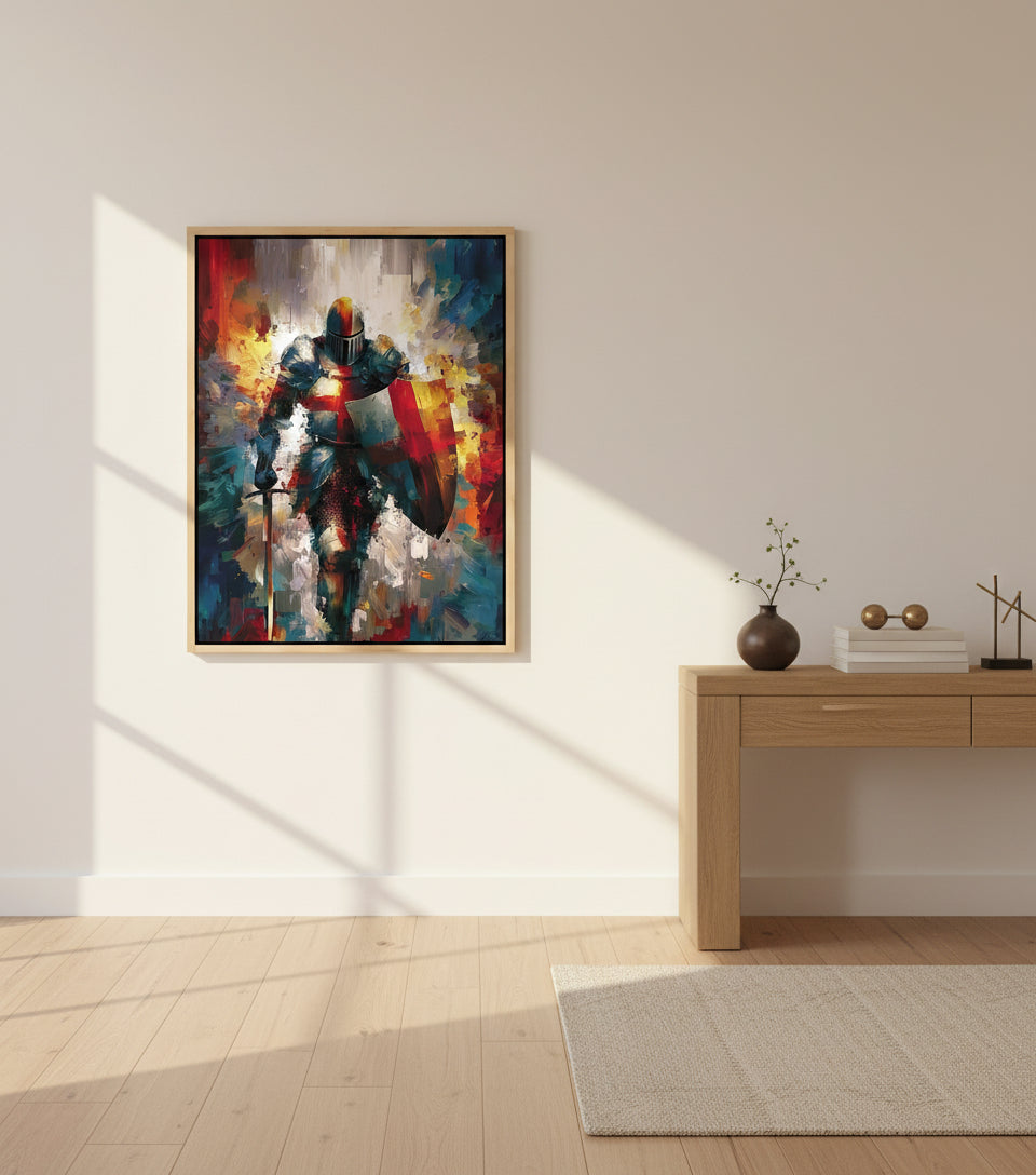 Baptism of the Warrior – Christian Knight Under Waterfall Canvas, Spiritual Renewal Wall Art, Isaiah 43:2