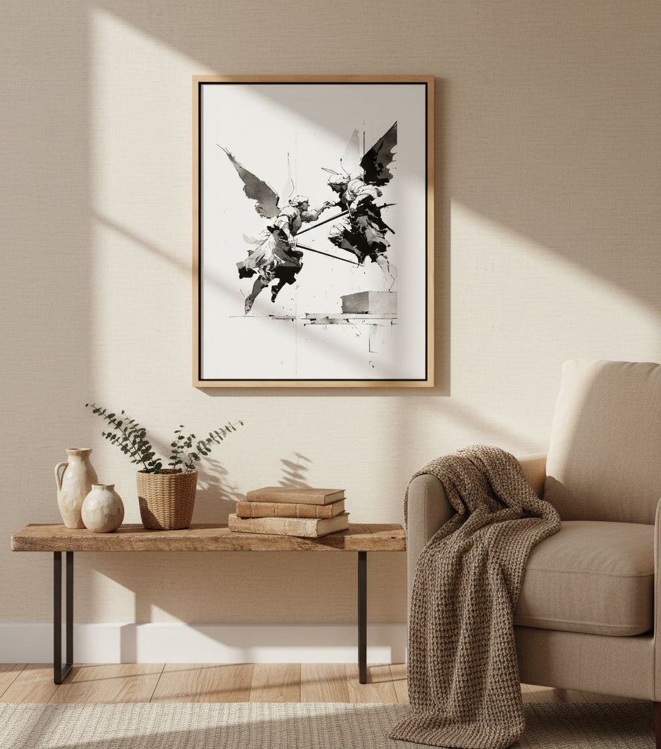 Heavenly Clash – Angelic Warfare Art | Spiritual Battle Wall Decor