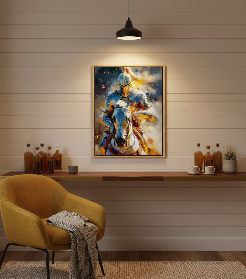 Heavenly Warrior on White Horse faithfulprints Canvas – Christian Knight Wall Art, Spiritual Battle Painting, Faith Armor Artwork