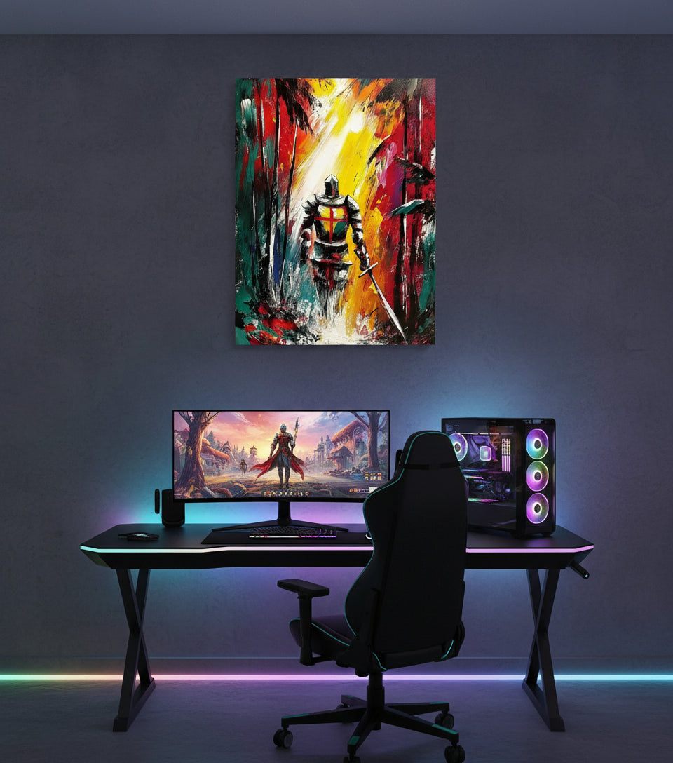 Christian Warrior in the Forest Canvas – Spiritual Battle Wall Art, Armor of God Painting, Light vs Darkness Artwork