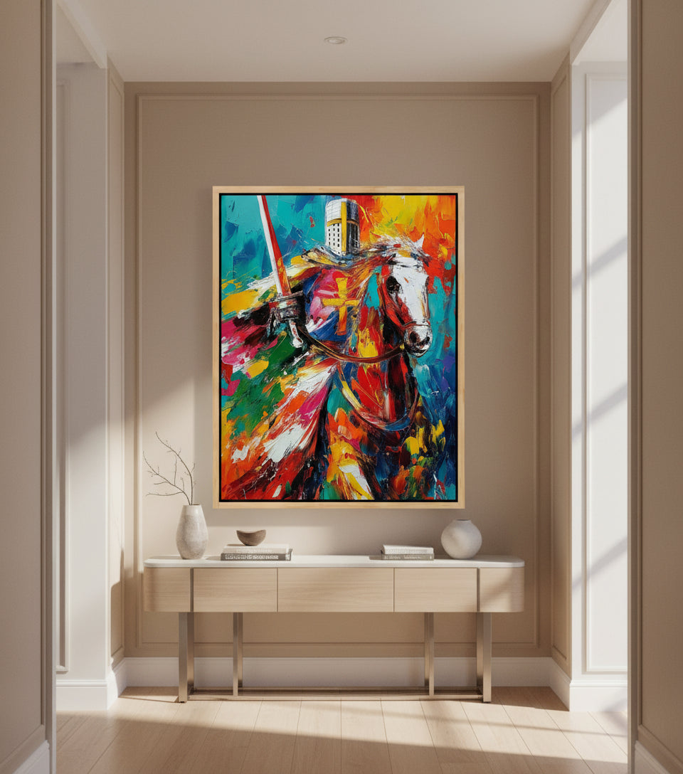 Christian Knight on White Horse Canvas – Spiritual Warrior Wall Art, Faith Battle Painting, Revelation 19:11