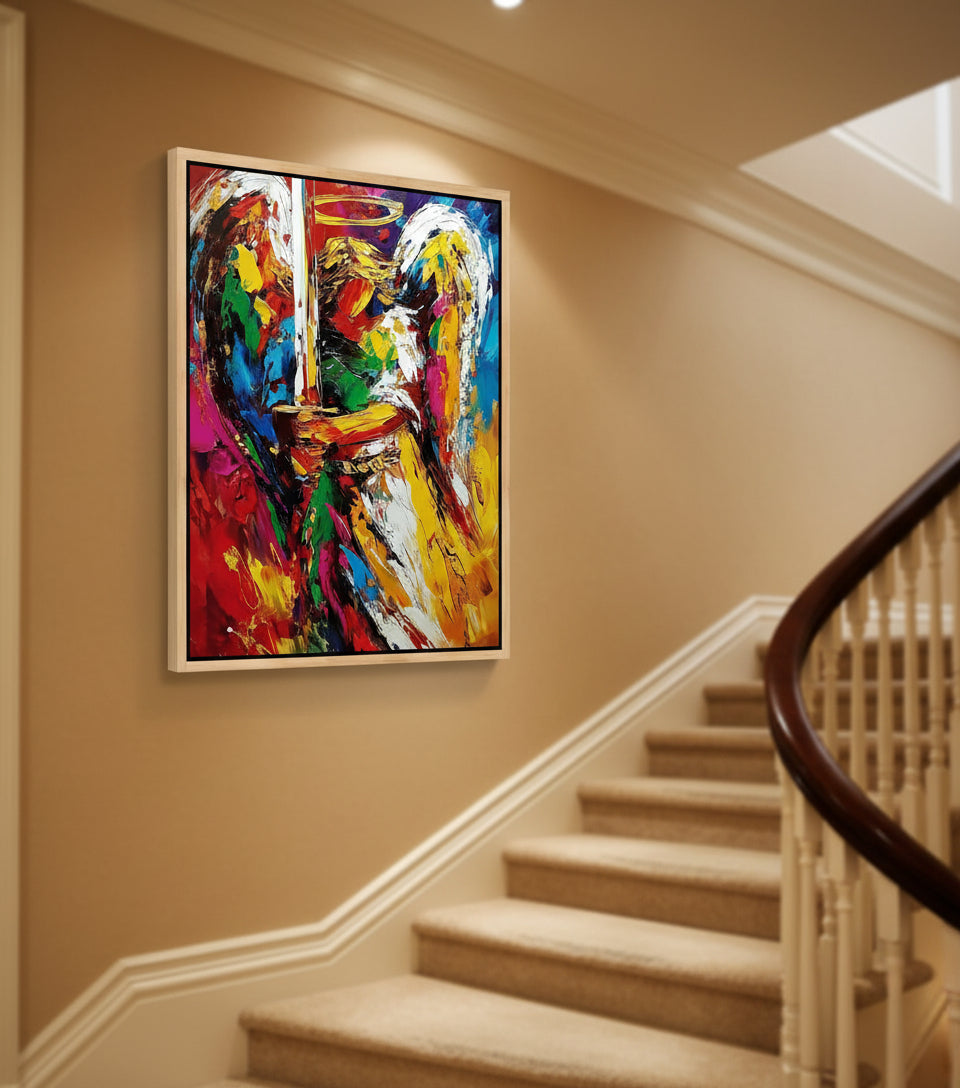 Guardian Angel with Flaming Sword – Vibrant Christian Wall Art, Angelic Protection Canvas Painting