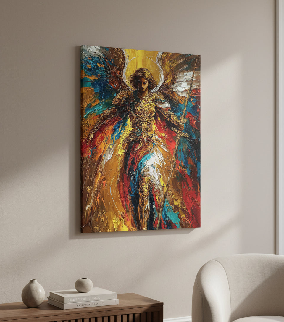 Warrior Archangel Canvas Art – Christian Angel Wall Decor with Heavenly Light