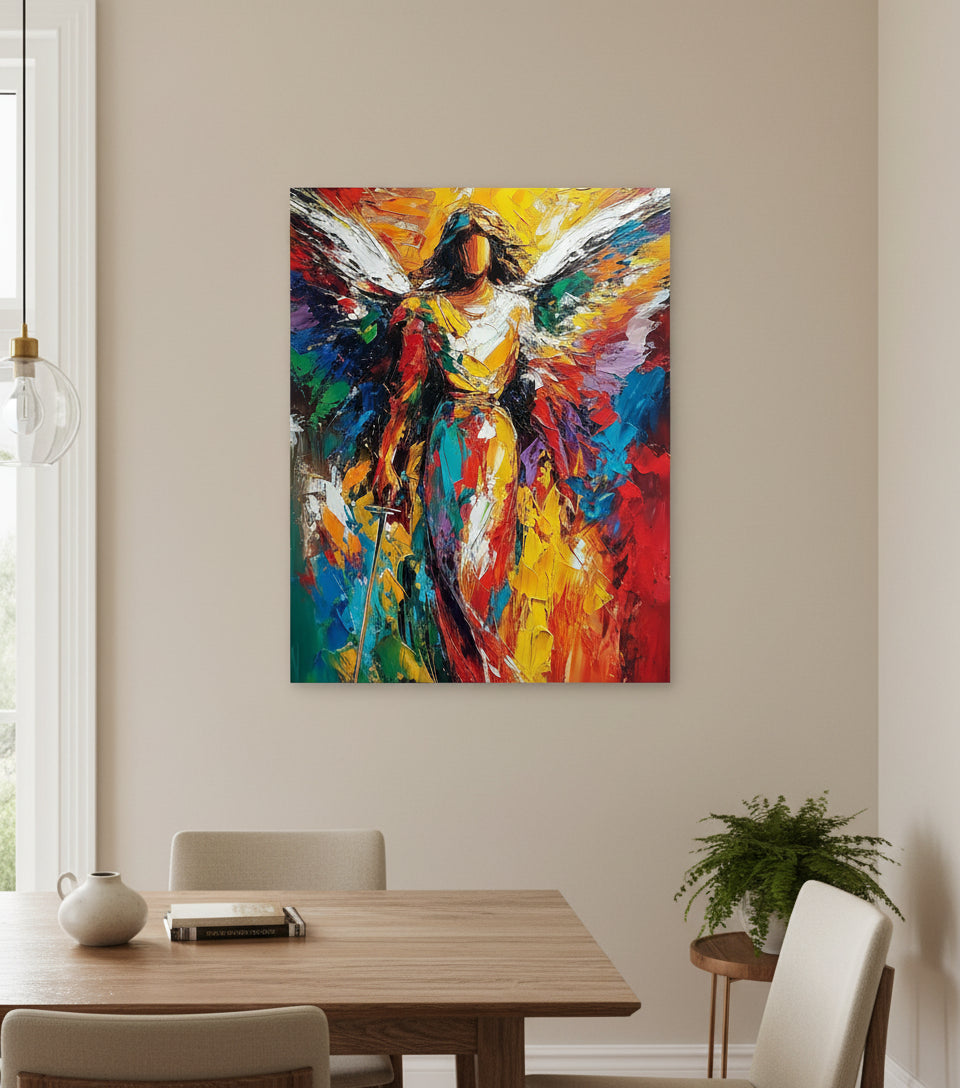 Radiant Angel Warrior Art – Guardian Angel with Sword Abstract Painting | Christian Wall Decor