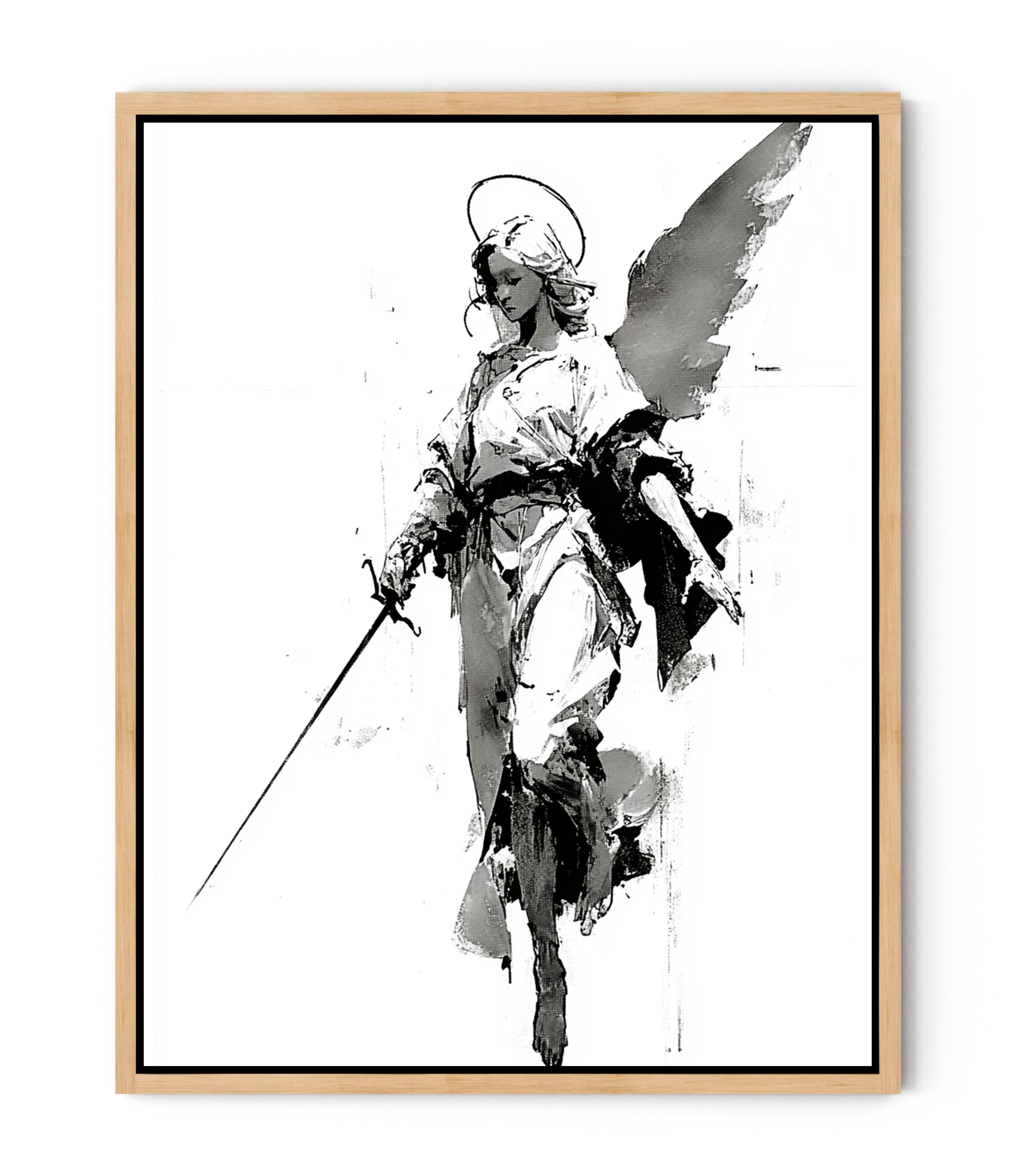 Warrior Angel with Sword – Minimalist Black & White Christian Wall Art, Guardian Angel Canvas