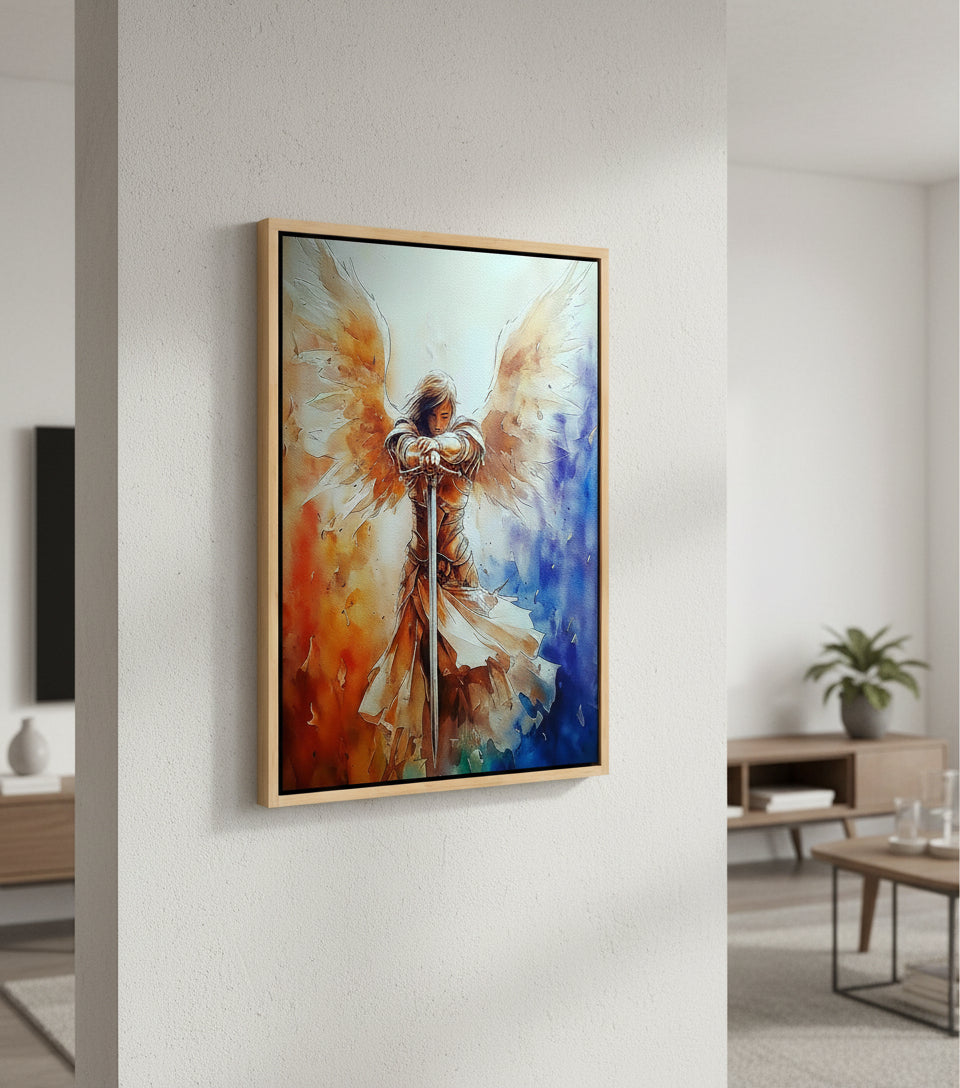 Guardian Angel with Sword Wall Art – Christian Angel Warrior Canvas, Seraphim Protection Painting, Faith Decor