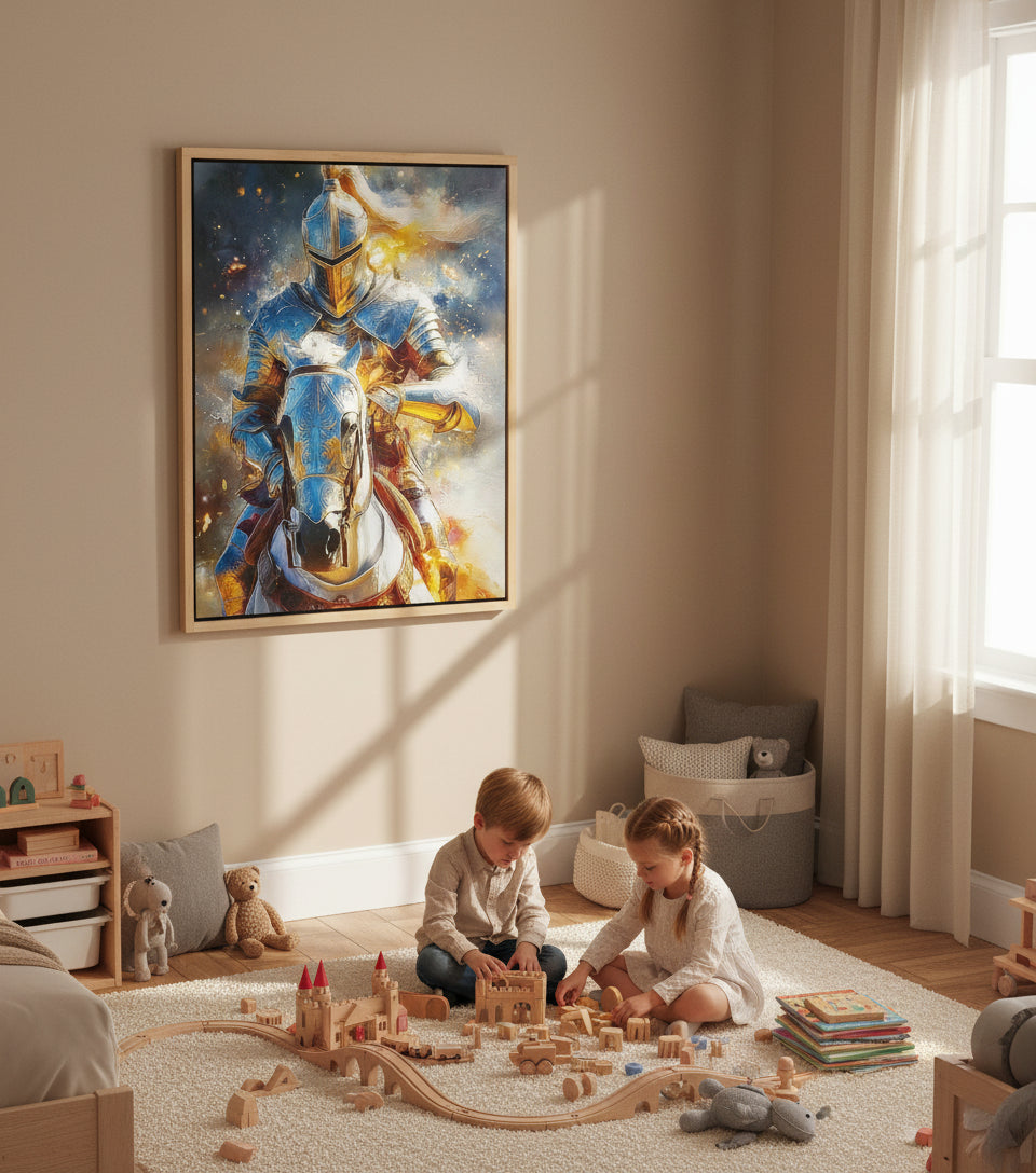 Heavenly Warrior on White Horse faithfulprints Canvas – Christian Knight Wall Art, Spiritual Battle Painting, Faith Armor Artwork