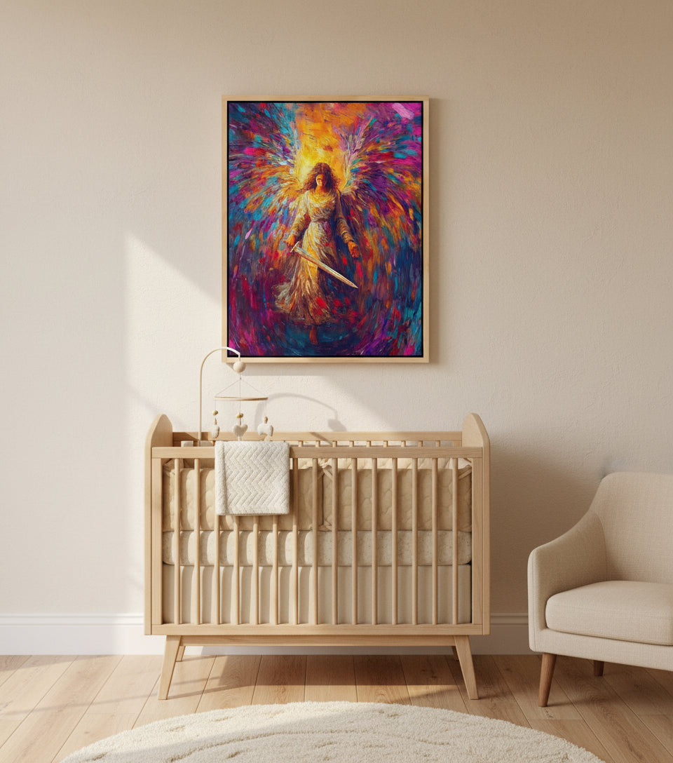 Radiant Angel with Sword – Vibrant Seraph Guardian Christian Wall Art