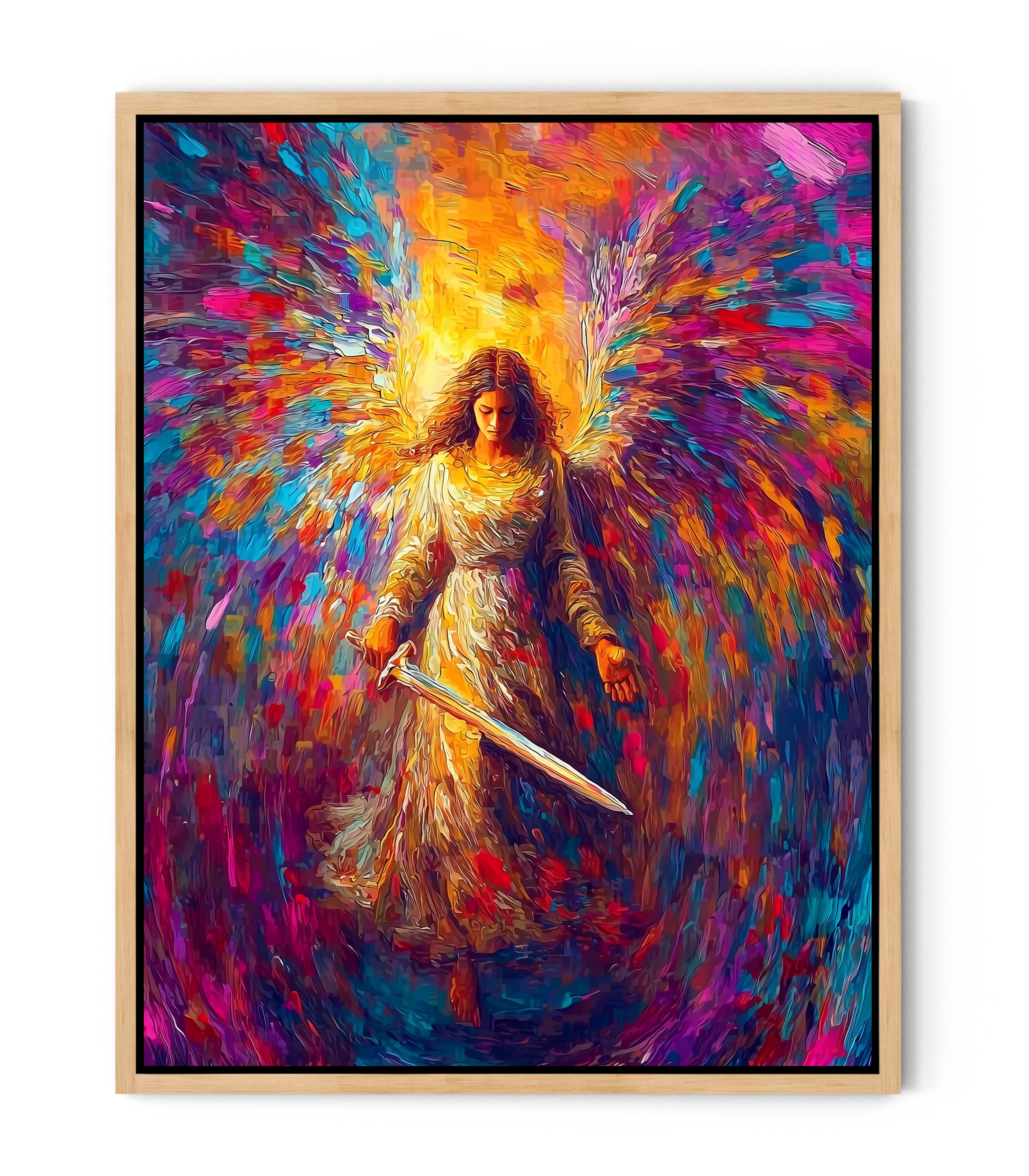 Radiant Angel with Sword – Vibrant Seraph Guardian Christian Wall Art