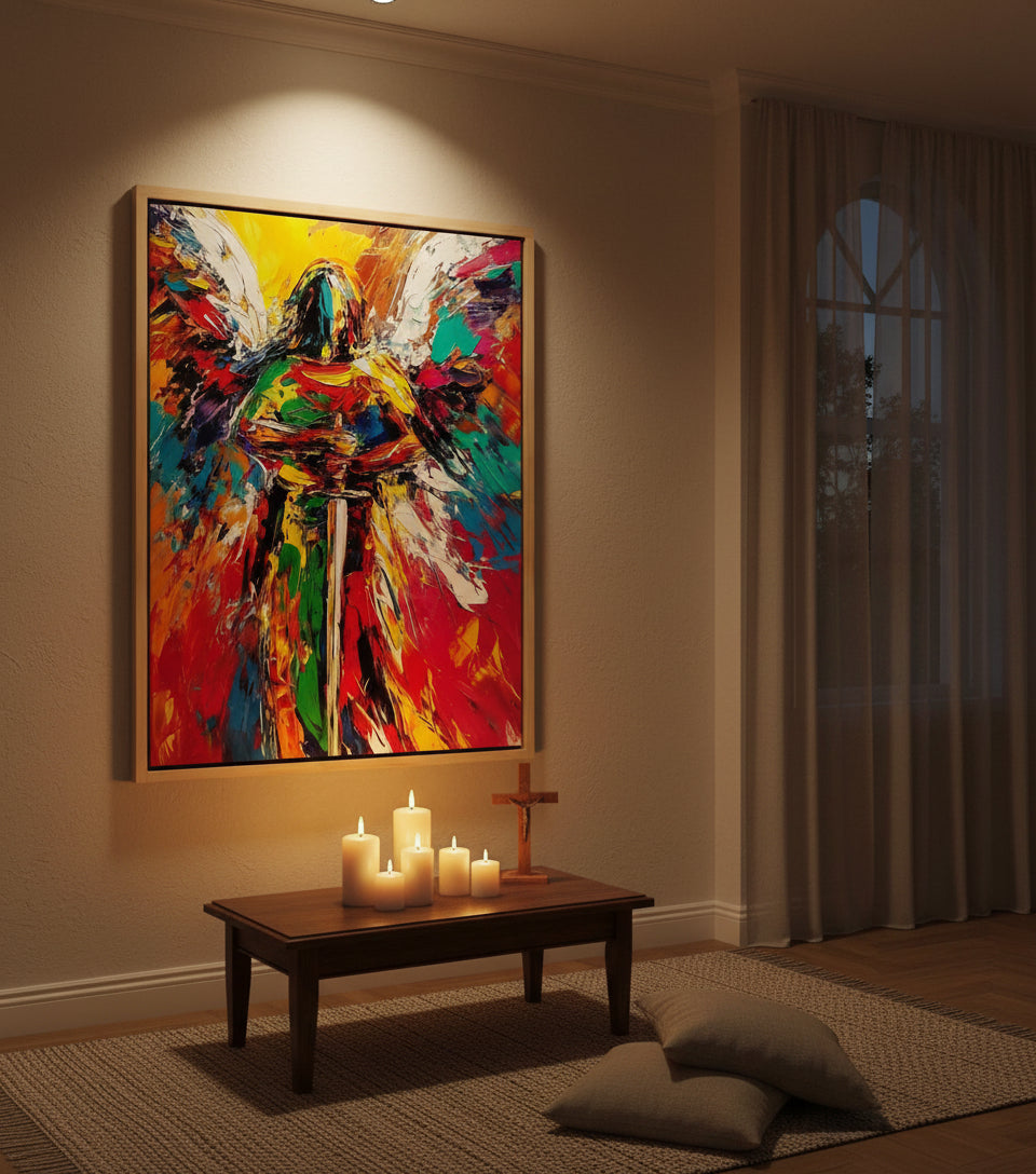 Guardian Angel of Light – Colorful Christian Angel Sword Canvas Wall Art