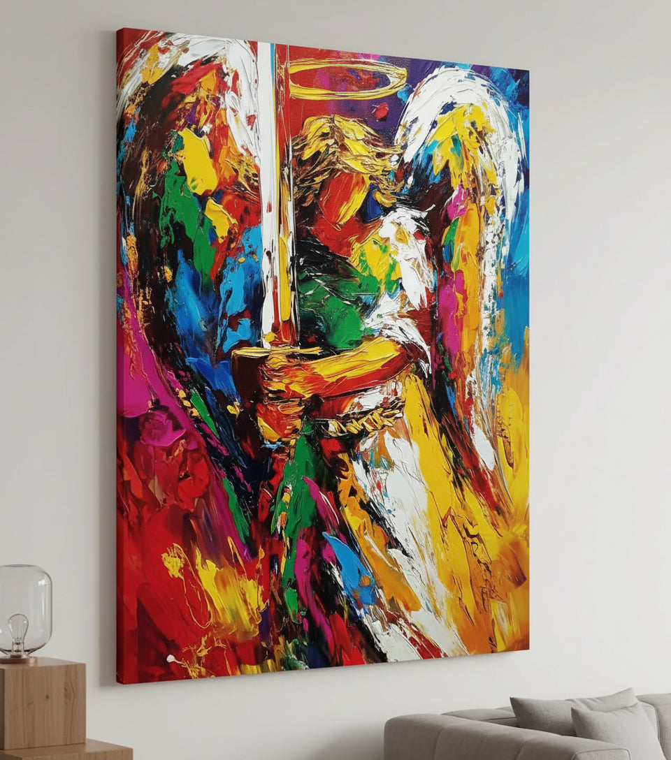 Guardian Angel with Flaming Sword – Vibrant Christian Wall Art, Angelic Protection Canvas Painting
