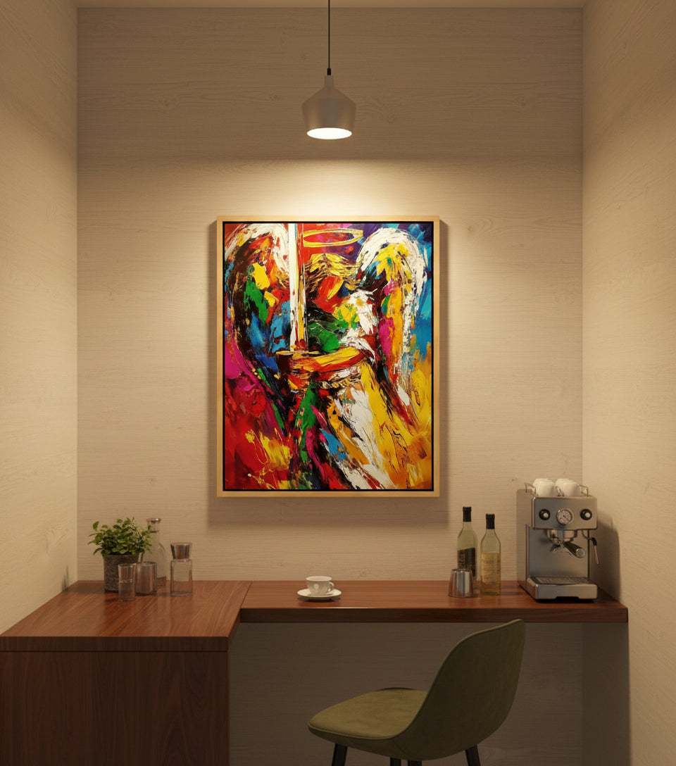 Guardian Angel with Flaming Sword – Vibrant Christian Wall Art, Angelic Protection Canvas Painting