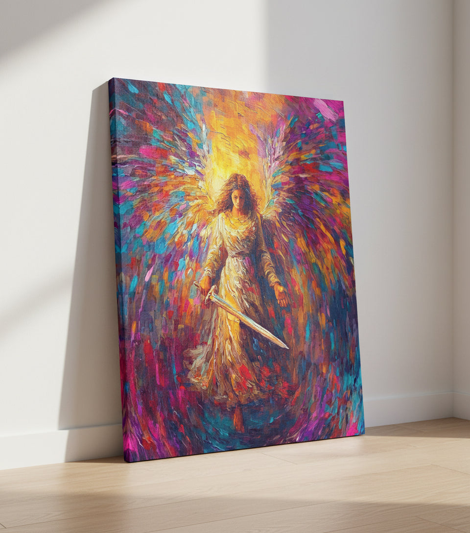Radiant Angel with Sword – Vibrant Seraph Guardian Christian Wall Art