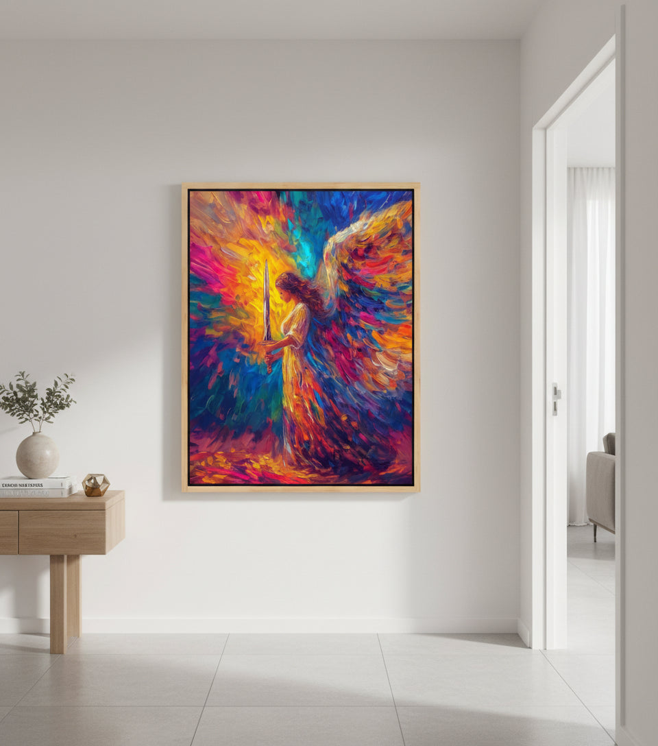 Heavenly Guardian Angel With Sword – Colorful Christian Wall Art