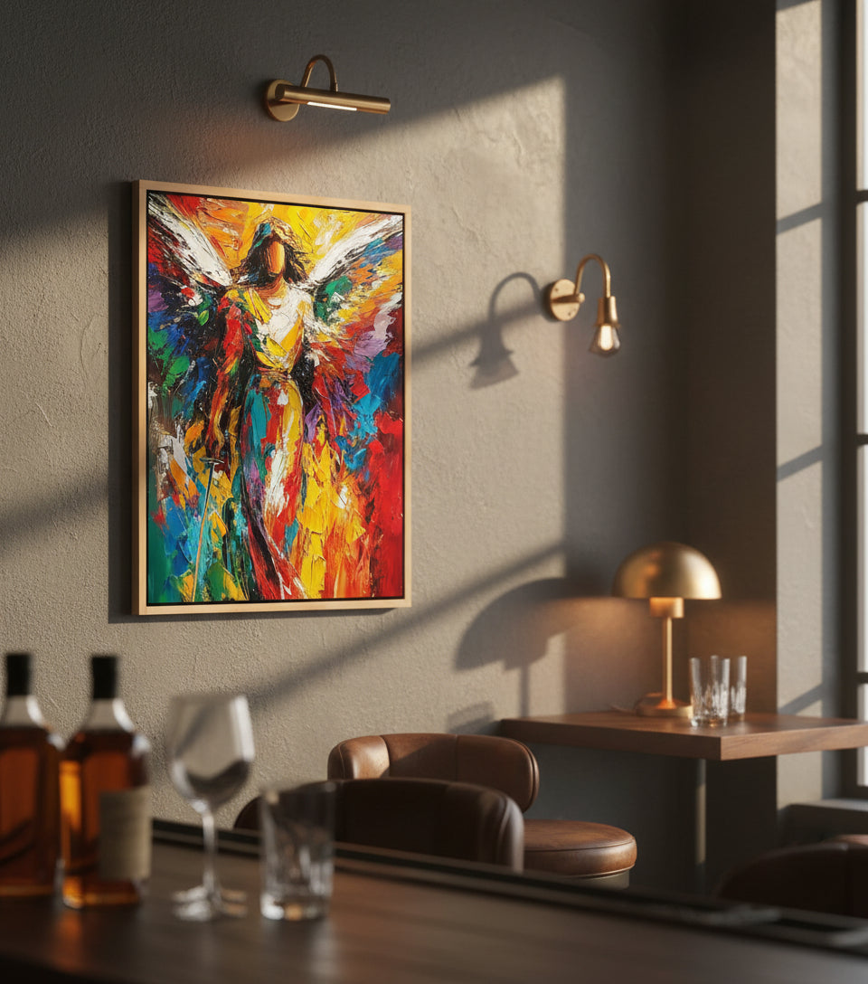 Radiant Angel Warrior Art – Guardian Angel with Sword Abstract Painting | Christian Wall Decor