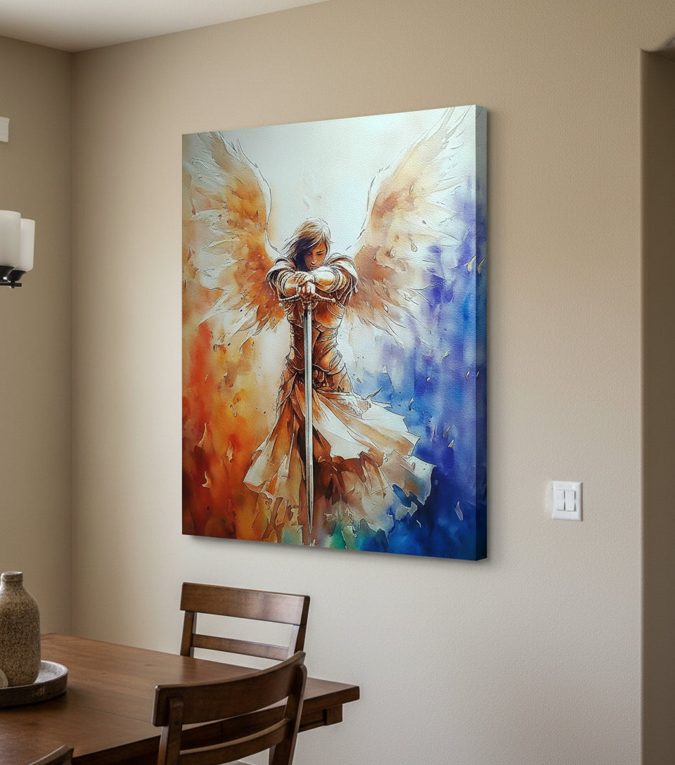 Guardian Angel with Sword Wall Art – Christian Angel Warrior Canvas, Seraphim Protection Painting, Faith Decor