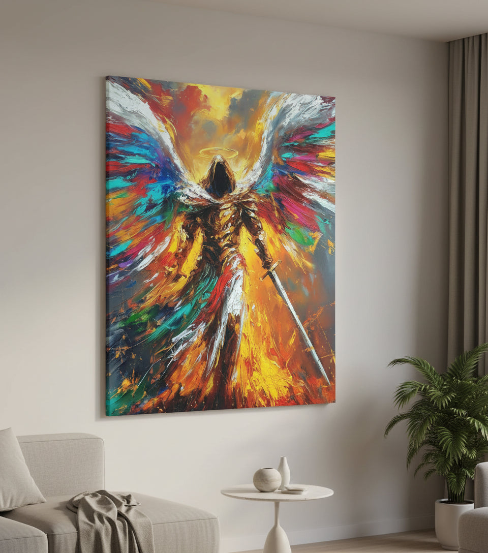 Radiant Archangel of Fire and Light – Warrior Angel Sword Canvas Art