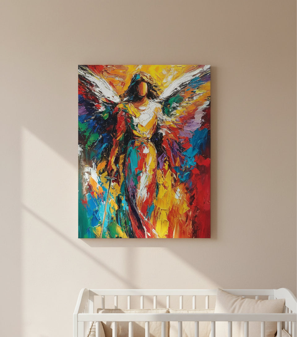 Radiant Angel Warrior Art – Guardian Angel with Sword Abstract Painting | Christian Wall Decor