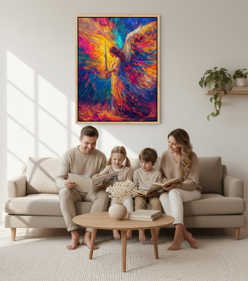 Heavenly Guardian Angel With Sword – Colorful Christian Wall Art