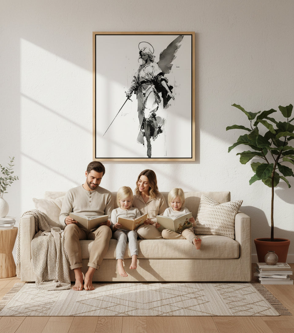 Warrior Angel with Sword – Minimalist Black & White Christian Wall Art, Guardian Angel Canvas