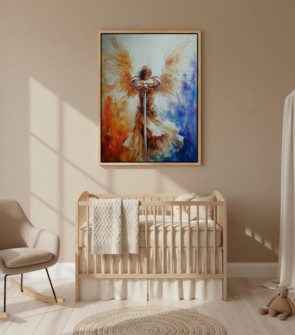 Guardian Angel with Sword Wall Art – Christian Angel Warrior Canvas, Seraphim Protection Painting, Faith Decor