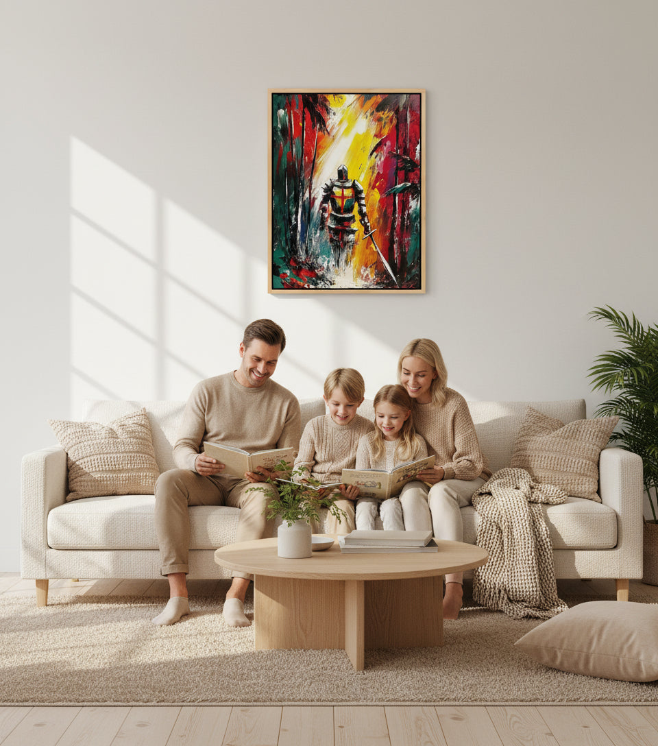 Christian Warrior in the Forest Canvas – Spiritual Battle Wall Art, Armor of God Painting, Light vs Darkness Artwork