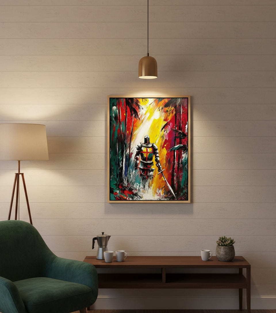 Christian Warrior in the Forest Canvas – Spiritual Battle Wall Art, Armor of God Painting, Light vs Darkness Artwork