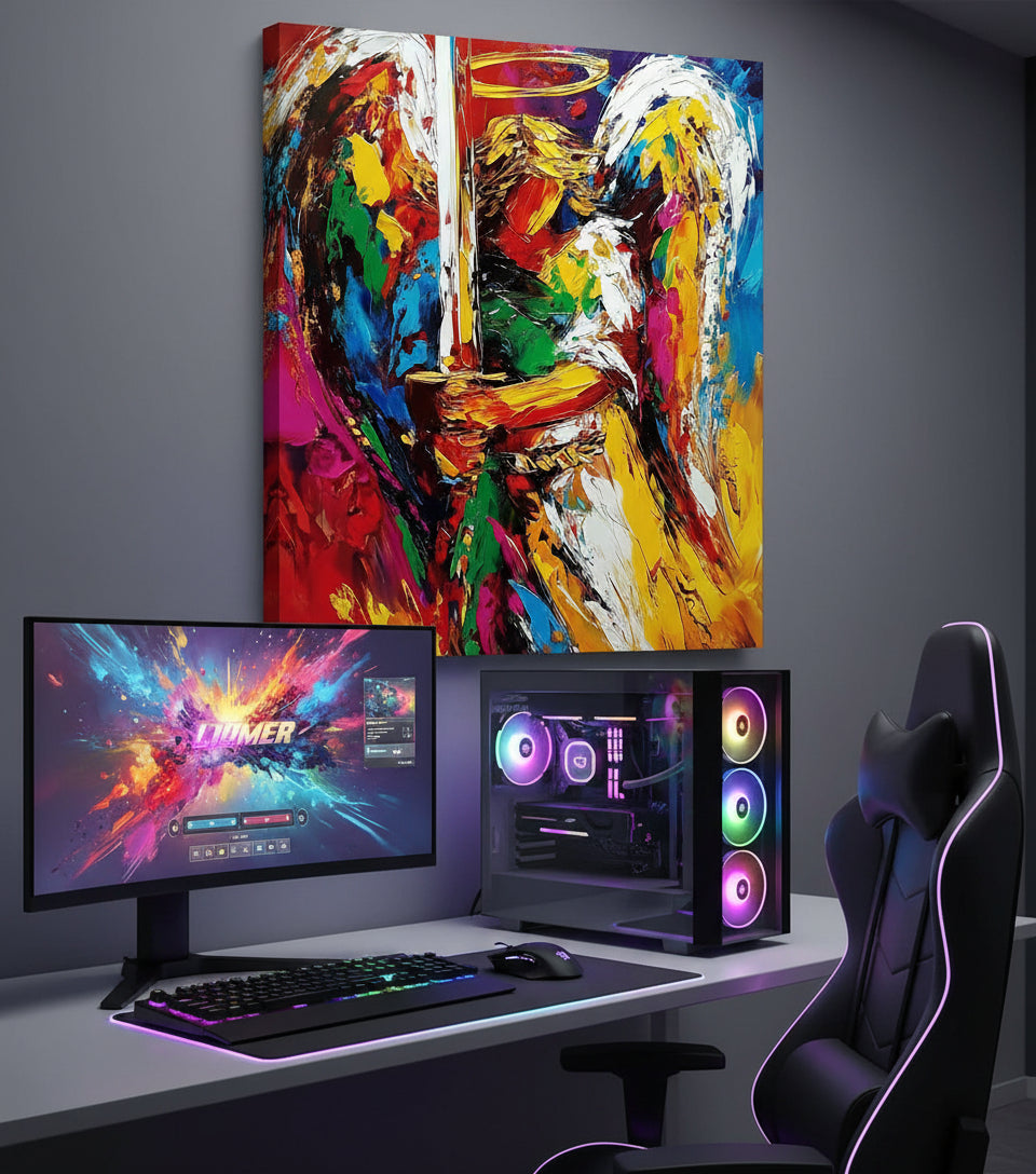 Guardian Angel with Flaming Sword – Vibrant Christian Wall Art, Angelic Protection Canvas Painting