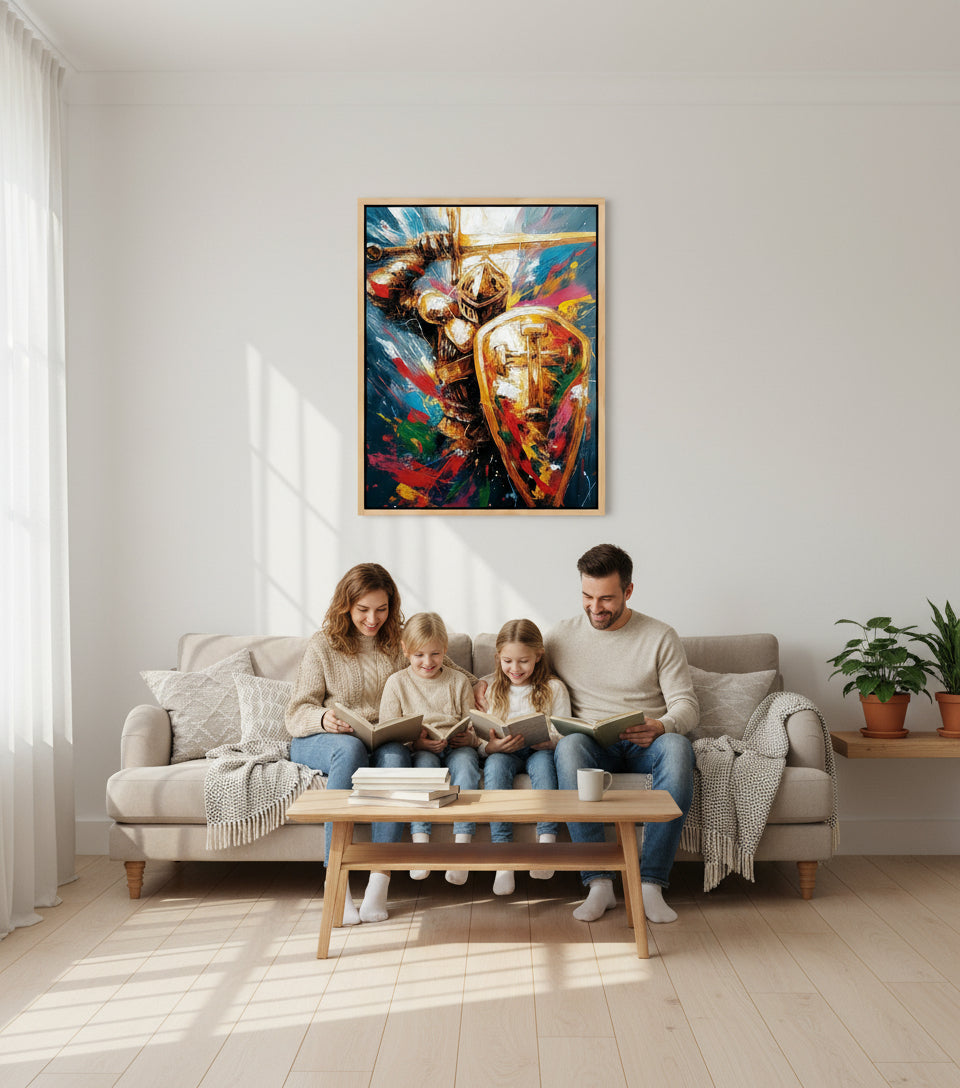 Cross Shield Warrior – Christian Battle Armor Canvas Decor