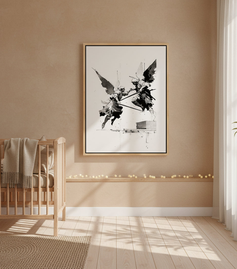 Heavenly Clash – Angelic Warfare Art | Spiritual Battle Wall Decor