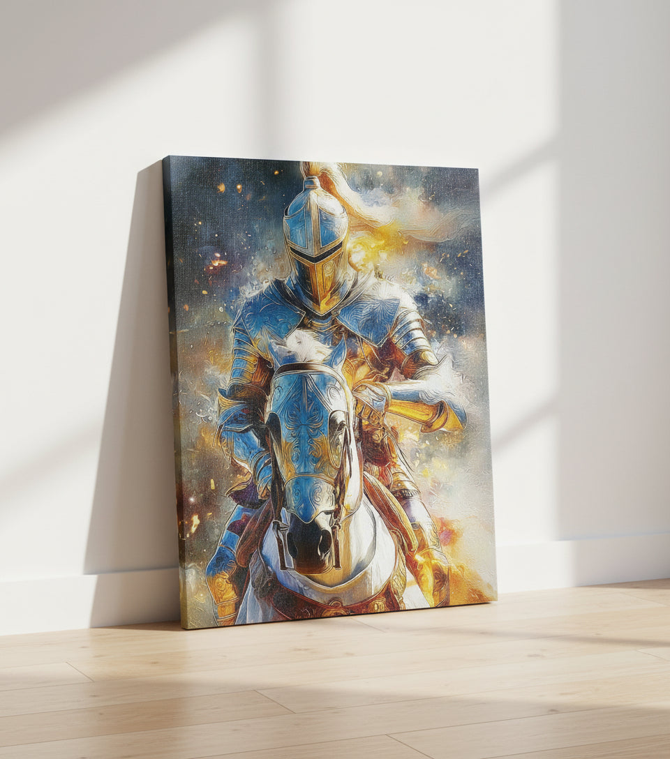 Heavenly Warrior on White Horse faithfulprints Canvas – Christian Knight Wall Art, Spiritual Battle Painting, Faith Armor Artwork