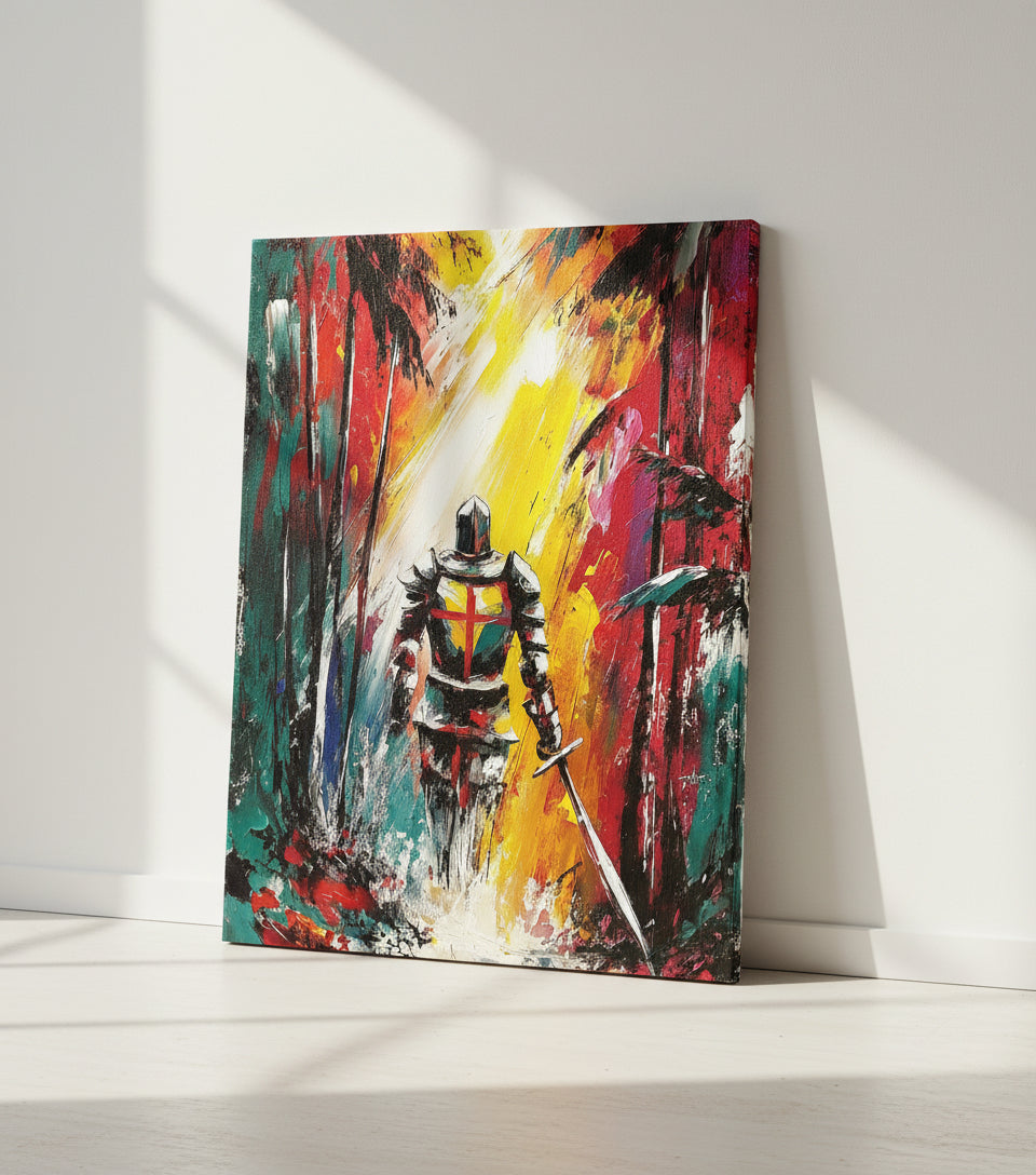 Christian Warrior in the Forest Canvas – Spiritual Battle Wall Art, Armor of God Painting, Light vs Darkness Artwork