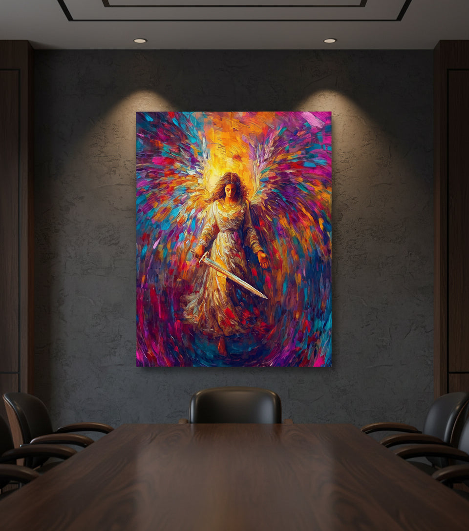 Radiant Angel with Sword – Vibrant Seraph Guardian Christian Wall Art