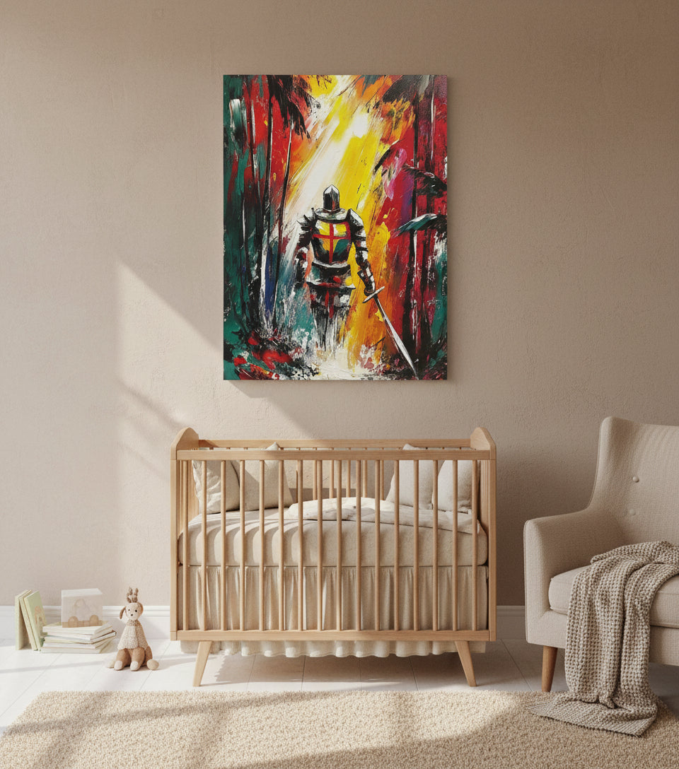 Christian Warrior in the Forest Canvas – Spiritual Battle Wall Art, Armor of God Painting, Light vs Darkness Artwork