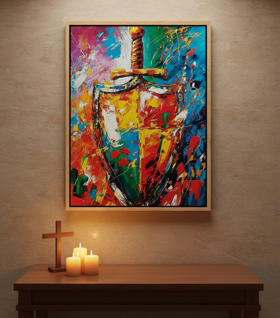 Sword & Shield Christian Canvas – Armor of God Wall Art, Faith Protection Painting, Ephesians 6:16–17