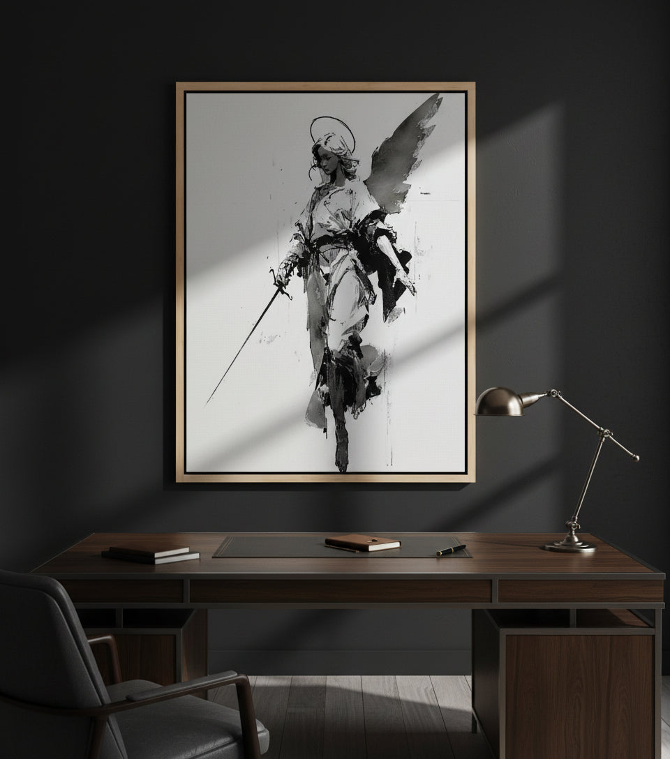 Warrior Angel with Sword – Minimalist Black & White Christian Wall Art, Guardian Angel Canvas