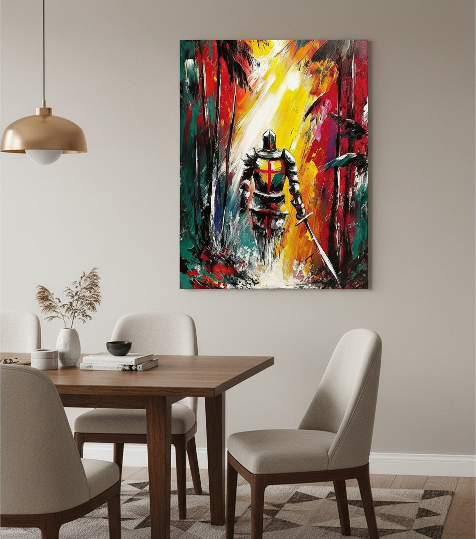 Christian Warrior in the Forest Canvas – Spiritual Battle Wall Art, Armor of God Painting, Light vs Darkness Artwork