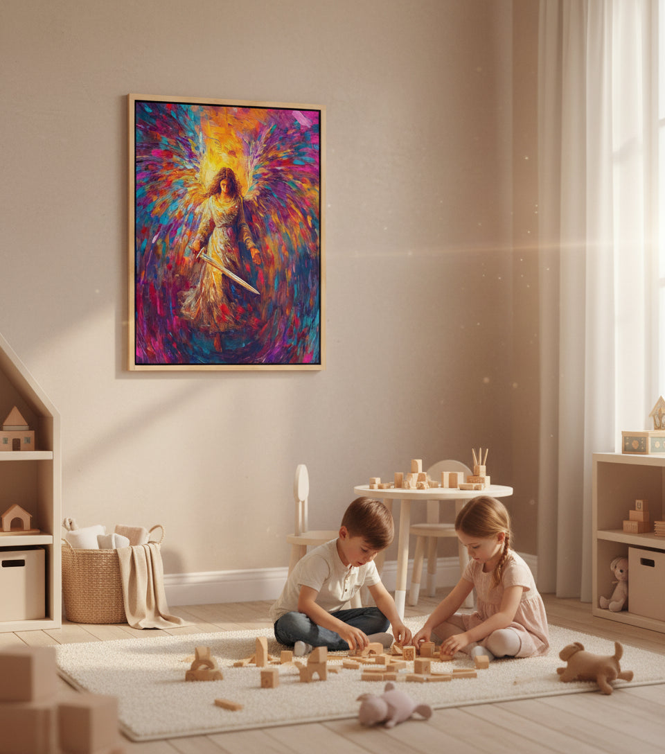 Radiant Angel with Sword – Vibrant Seraph Guardian Christian Wall Art