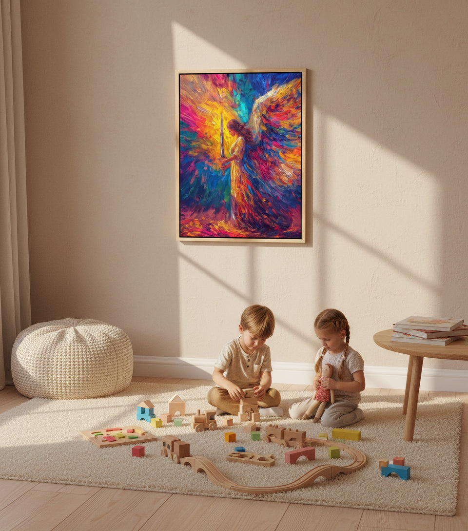 Heavenly Guardian Angel With Sword – Colorful Christian Wall Art