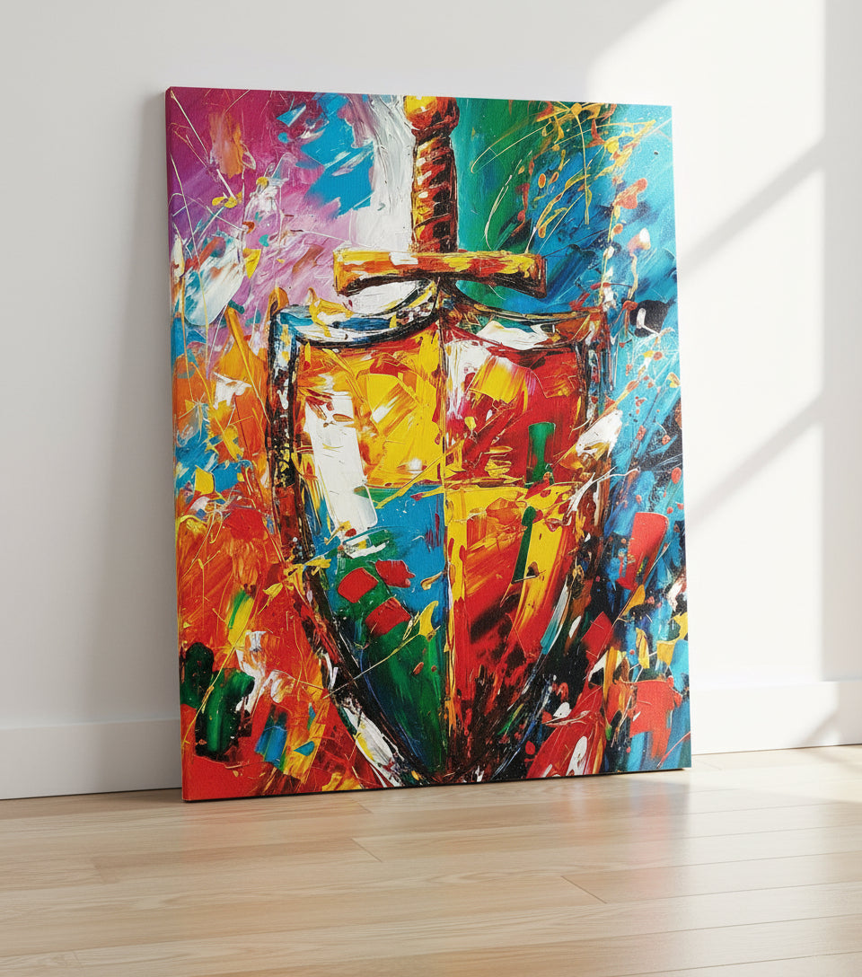 Sword & Shield Christian Canvas – Armor of God Wall Art, Faith Protection Painting, Ephesians 6:16–17