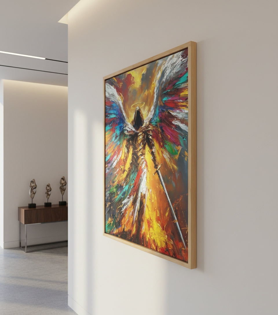 Radiant Archangel of Fire and Light – Warrior Angel Sword Canvas Art