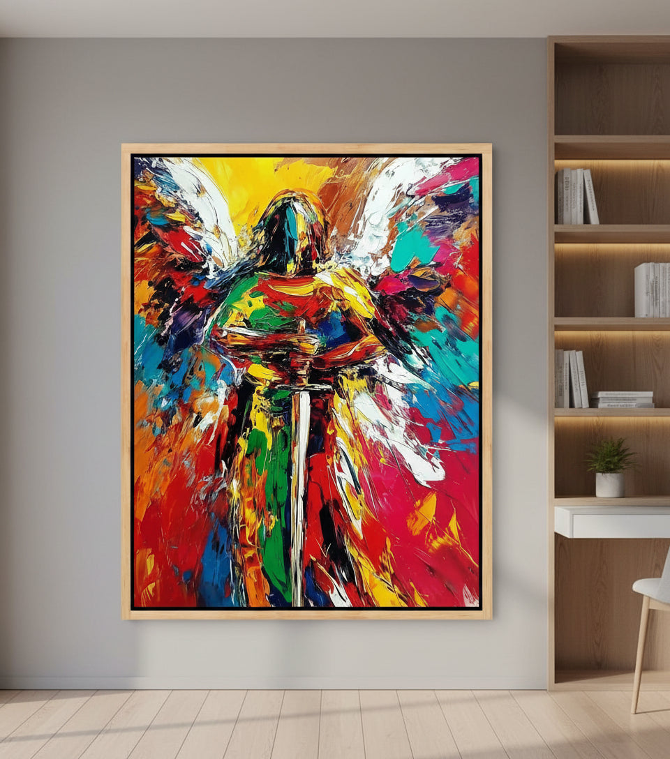 Guardian Angel of Light – Colorful Christian Angel Sword Canvas Wall Art